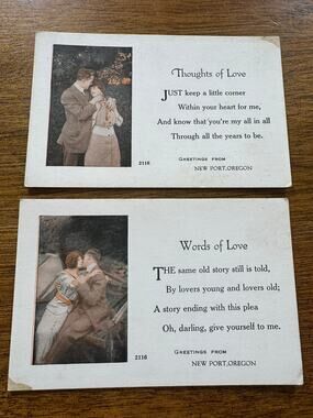 Vintage Newport Oregon Romantic Postcard Pair Thoughts & Words of Love 2116